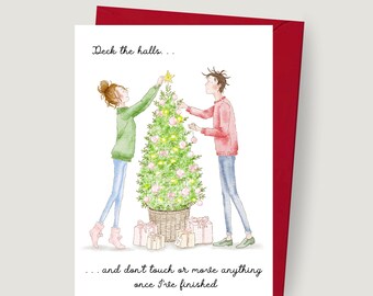 Deck The Halls Christmas Card, Funny British Humour Couple Illustration, Blank Greeting Card