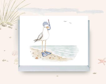 Snorkelling Seagull Card, Funny British Bird Watercolour Illustration, Coastal Greetings Card