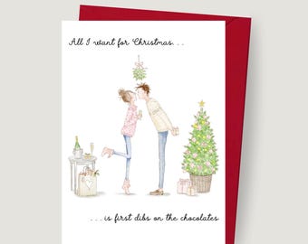 All I Want For Christmas Card, Funny British Humour Couple Illustration, Blank Greeting Card