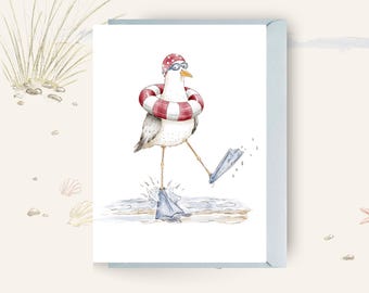 Funny Swimming Seagull Birthday Card, British Nautical Bird Card, Seaside Watercolour Blank Card UK