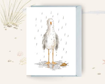 Funny Seagull Standing In The Rain Greeting Card, British Nautical Bird Card, Seaside Watercolour Blank UK