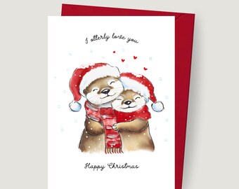 Otter Christmas Card, I Otterly Love You, Whimsical Holiday Greeting