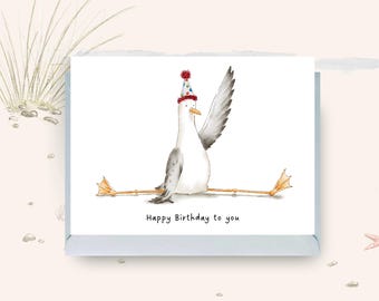 Funny Seagull Birthday Card, British Bird Card, Seaside Watercolour Blank Card UK