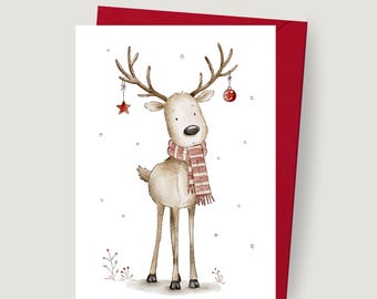 Reindeer Christmas Card For Friends,  Watercolour Festive Personalised Deer Greeting Card