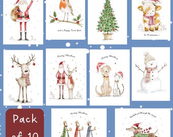 Pack Of 10 Christmas Cards For Friends,  Assorted Watercolour Traditional Festive Greeting Cards, Handmade