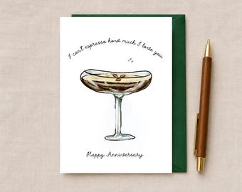 Espresso Martini Watercolour Anniversary Card, Hand-Drawn Cocktail Greeting (A6)