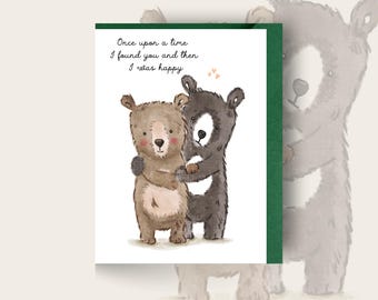 Anniversary Love Card, Cute Bear Couple Illustration, Once Upon A Time Card, Blank UK