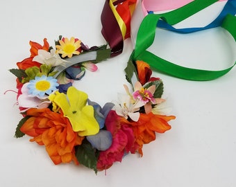 Ukrainian Flower Wreath Headband Vinok with Ribbons, Multi-Color Headband