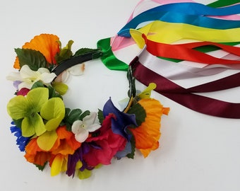 Ukrainian Flower Wreath Headband Vinok with Ribbons, Multi-Color Headband