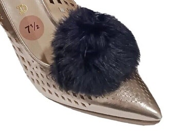 Black Color Pom Pom Clip for Shoes (2pcs), Shoe Accessories, Rabbit Fur