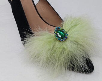 Light Green Color Feather Shoe Clips with Charm, Shoe Accessories (2 piece)