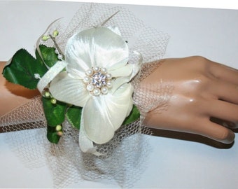 Prom, Wedding Accessories, White Orchid Flower Corsage, Flower Wristlet