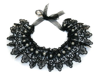 Black Fabric/Lace Necklace with White Beads, Choker, Women's Accessories
