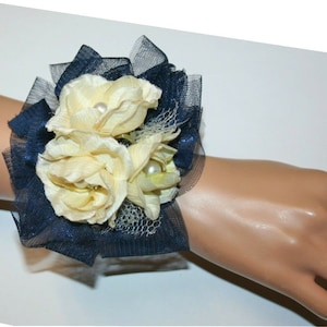 Prom, Wedding Accessories, White-off Flower Corsage Navy Mesh, Flower Wristlet