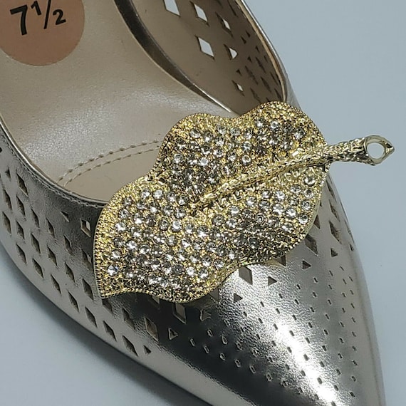 Gold Color Leaf Rhinestone Shoe Clips, Shoe Accessories