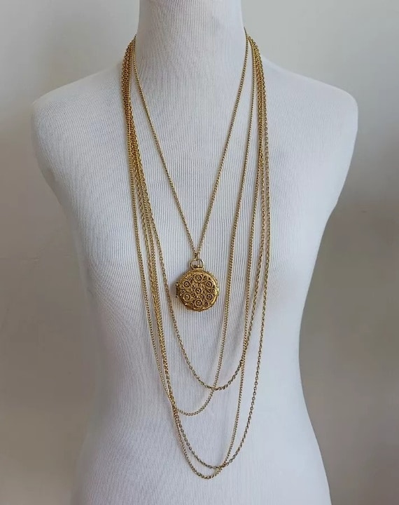 Vintage Goldette Locket Multi-Chain Necklace, Gol… - image 1