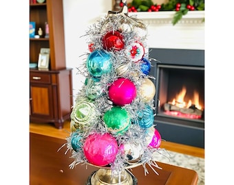 Vintage Ornament Table Top Christmas Tree With Deer Topper 19 Inch High