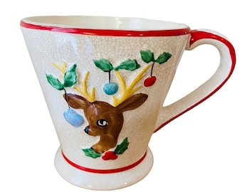 Vintage Reindeer Mug Ornaments And Holly Handled Mug 3.75 Inch High Collectible Christmas Mug