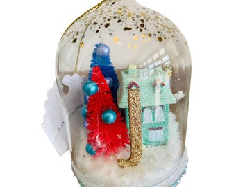 Anthropologie Festive Letter J Snow Globe Ornament Village House and Trees New