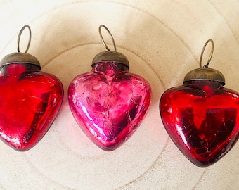 Kugel Style Glass Heart 2 Inch High Ornament Set of 3 Gift Topper Valentines Day Wedding Shower