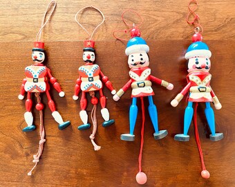 Vintage Wooden Pull String Ornaments Set of 4 Movable Folk Art Soldiers Nutcracker Dancing
