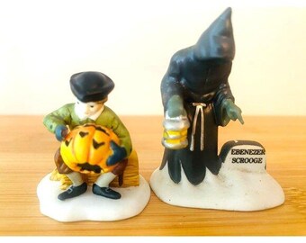 Department 56 Pumpkin Carving Boy and Ebenezer Scrooge Village Figures