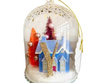 Anthropologie Festive Letter Y Snow Globe Ornament Village House and Trees New