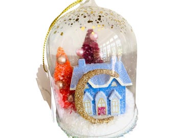 Anthropologie Festive Letter C Snow Globe Ornament Village House and Trees New