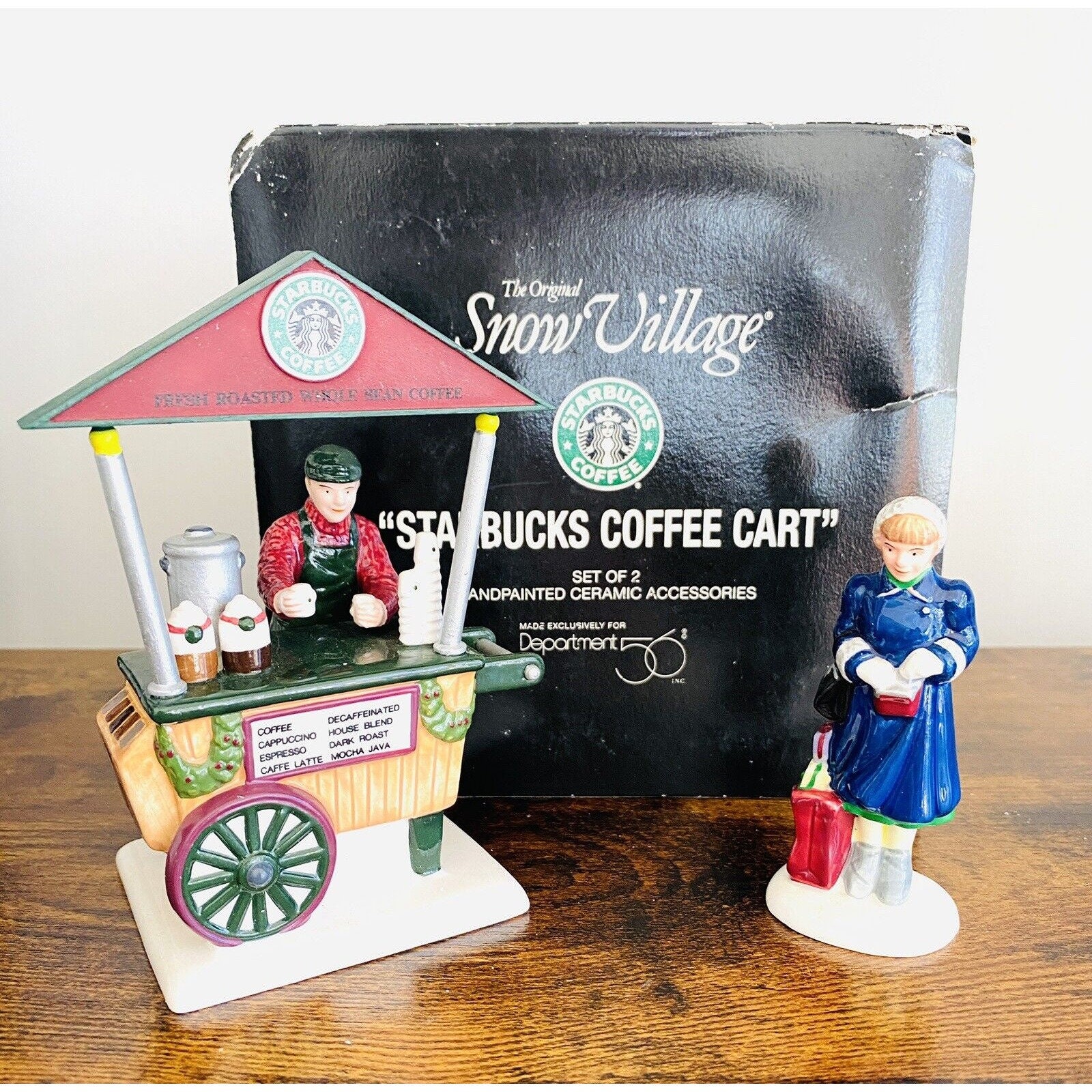 Department 56 Starbucks Coffee Cart Christmas Village Figures Handpainted  Retired 