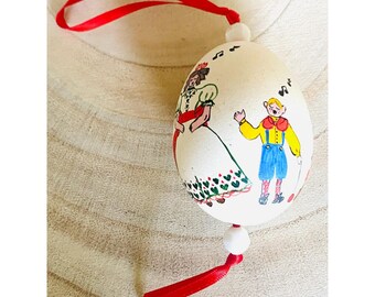 Handpainted Egg Shell Christmas Ornament Made in Hungary Woman Child Dog Music