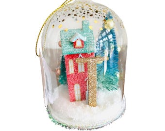 Anthropologie Festive Letter T Snow Globe Ornament Village House and Trees New