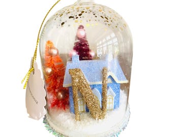 Anthropologie Festive Letter N Snow Globe Ornament Village House and Trees New