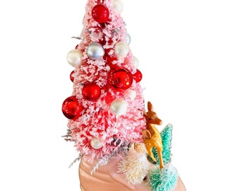 Christmas Sparkle Pink Bottle Brush Tree Retro Deer Ceramic Pink Baby Shoe 6 Inch High