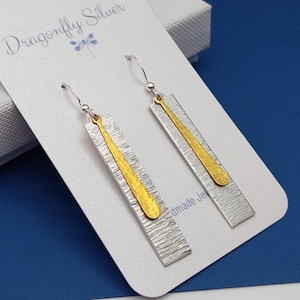 Long drop hammered earring mixed metal silver and gold statement earrings gift for her