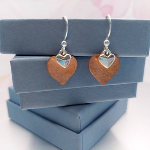 Copper and silver heart charm .  Copper earrings . Tiny heart earrings . Gift for friend .