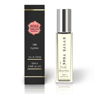 May include: A perfume bottle with a silver cap and a black box. The bottle and box feature the text "ROSA SALAS perfumes", "088 Cypher", and "Eau de Parfum". The bottle contains 10ml or 10 ml.