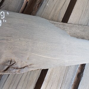 May include: A piece of light gray wood with a knot in the center. The wood is 29 inches long and 9 inches wide.