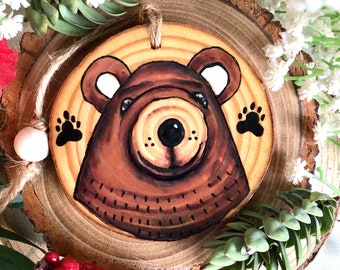 Hand painted wooden Bear slice decoration. Rustic ornament slice from Scotland. Christmas tree decor or gift