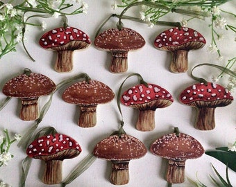 Set of 10 hand painted wooden mushrooms /toadstools / wedding favours / favors. Christmas tree decorations / stocking stuffers  party gift