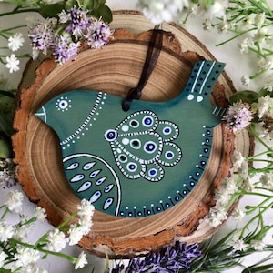 Hand painted bird tree decoration. Easter Spring Christmas decor. Green folk bird wooden ornament. Scottish nature gift. Mother's Day gift