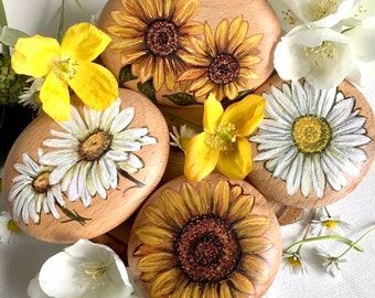 Schöne Sonnenblume / Gänseblümchenkiesel aus Holz handbemalt in Schottland. Schöne Verzierung oder Geschenk für Naturliebhaber. Blumendekorationen