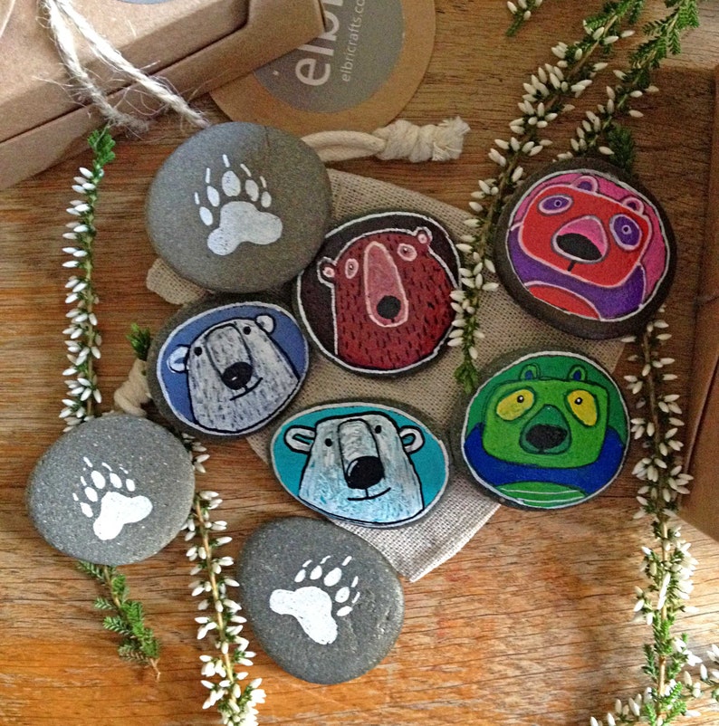 Ideal Christmas stocking filler Hand painted Pebble Pets to collect or trade Pair of Bear Buddies