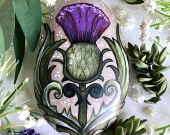 Beautiful large Scottish thistle Stone. Hand painted gift featuring Flower of Scotland. Anniversary rock pebble for Outlander wedding vows