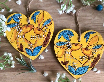 Hand painted yellow Hare heart. Lovely Valentine hanging wooden ornament gift painted in Scotland. Spring Easter tree decoration