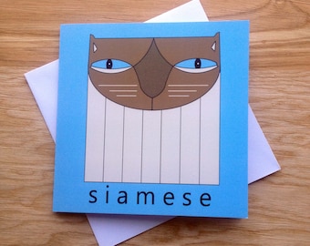 Flat Cat Card. Siamese cat blank greetings card for birthday, thank you, celebration, cat lovers, gift. FREE UK P&P!