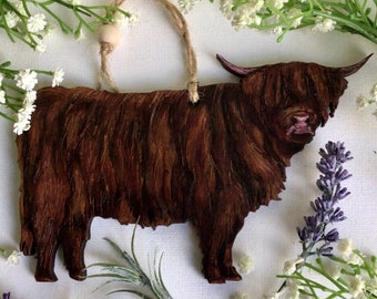 Large hand painted wooden Highland Cow. Lovely hanging wood ornament gift. Scottish gift, Christmas Xmas tree decoration