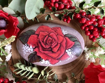 Scarlet Rose proposal stone. Scottish Oathing Stone for wedding or Valentines. Beautiful hand painted Valentine gift painted in Scotland