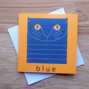 Platte kattenkaart. Blauwe kat blanco wenskaart voor verjaardag, bedankje, feest, kattenliefhebbers, cadeau GRATIS verzending in het VK!