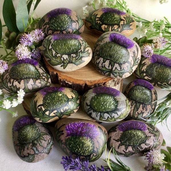 Lovely hand painted Scottish thistle pebble. Flower of Scotland stone painted in Scotland. Wedding gift, rock ornament or paperweight