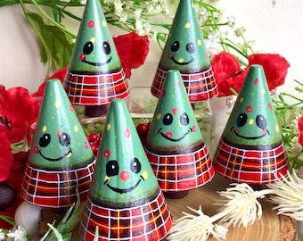 Cute little Scottish Kiltmas Christmas trees in Kilts. Hand painted in Scotland. Stocking stuffer filler novelty gift. Tartan tree decor.